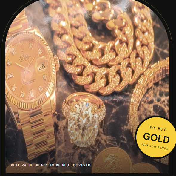 Gold watch, chains, ring and coins with a We Buy Gold badge